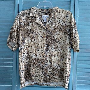 Allyson Whitmore Button Up Collared Shirt ~ Sz M ~ Black & Beige ~ Short Sleeve